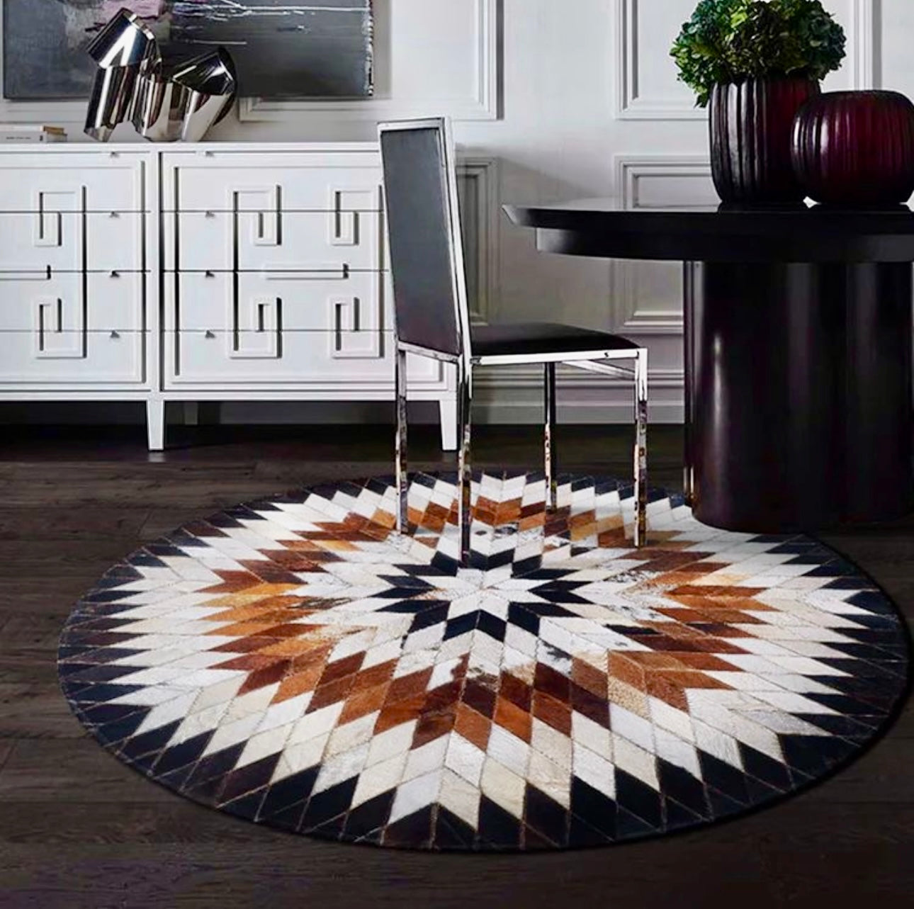 Tricolor Cowhide Patchwork Rug