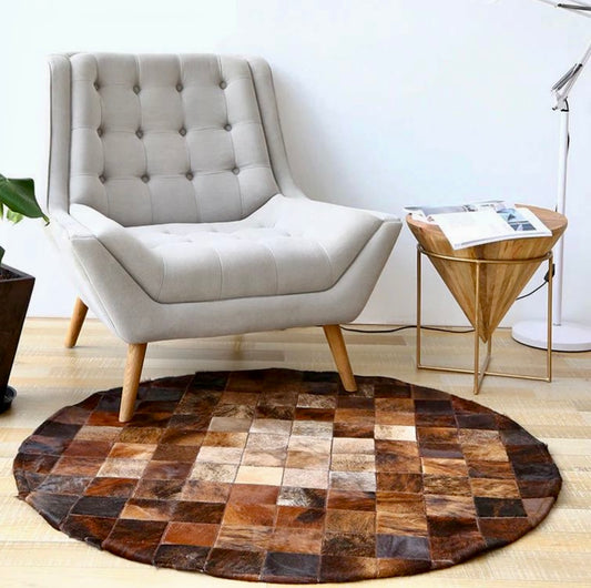 Handmade Natural Cowhide Patchwork Round Rug – Genuine Leather | Luxury Circular Area Rug