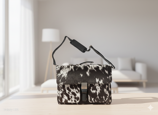 SAME AS PICTURE | Handmade Cowhide Laptop Bag – Black & White Genuine Hair-On Hide Tote | Real Cowhide Work Bag | Leather Laptop Tote for Women & Men | Unique Gift