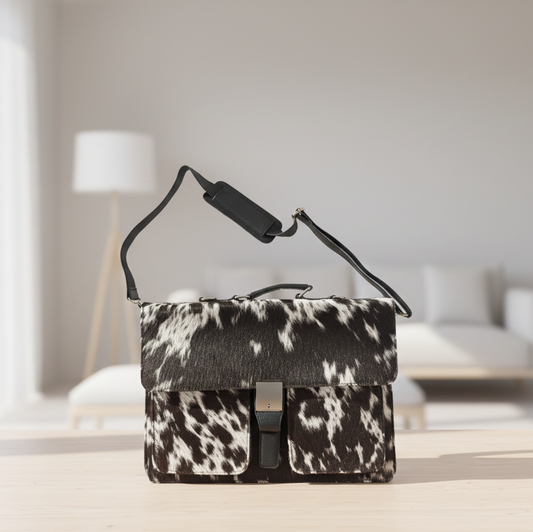 Handmade Cowhide Laptop Bag – Black & White Genuine Hair-On Hide Tote | Real Cowhide Work Bag | Leather Laptop Tote for Women & Men | Unique Gift