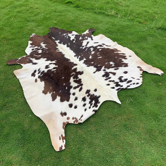 A natural cowhide rug with a brown and white spotted pattern laid out on a green grass lawn.
