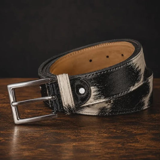 A black and white cowhide leather belt with a silver-tone metal buckle, displayed on a dark wooden surface against a dark background.