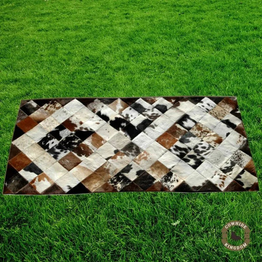 Hand - Stitched Real Cowhide Leather Patchwork Rug Rustic Boho Home Decor | Premium Natural Cowhide Patchwork Rug Handcrafted Leather Rug for Office or Entryway - Cowhide Kingdom