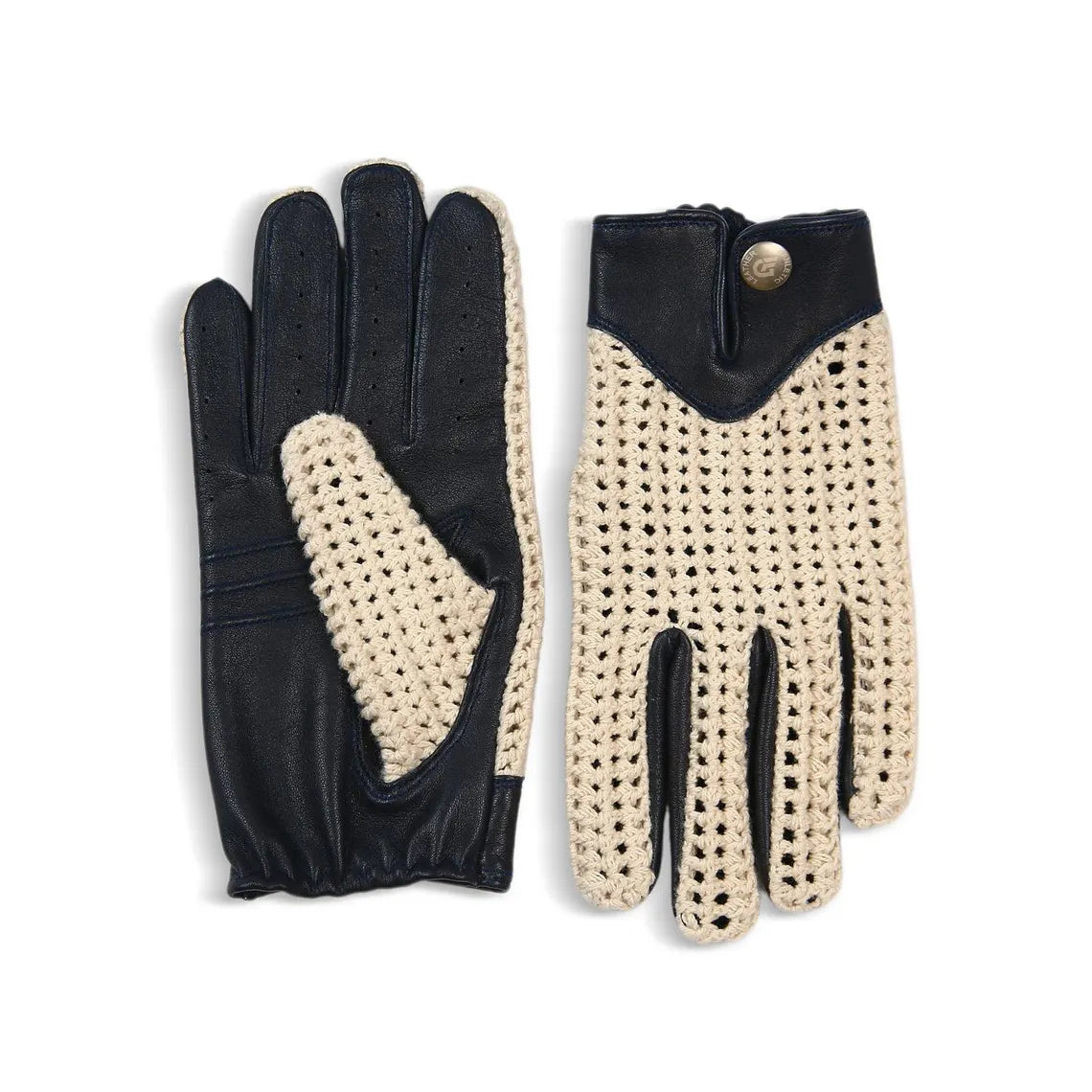 Men’s Black Leather Driving Gloves with Cream Crochet Back – Vintage Motoring Style
