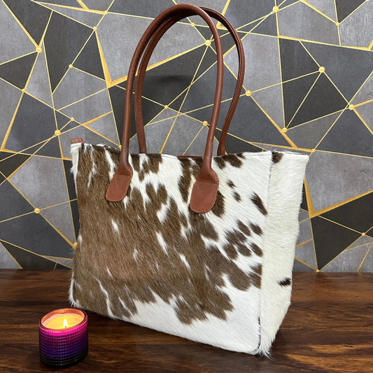 Cowhide leather tote bag tan white with brown handles