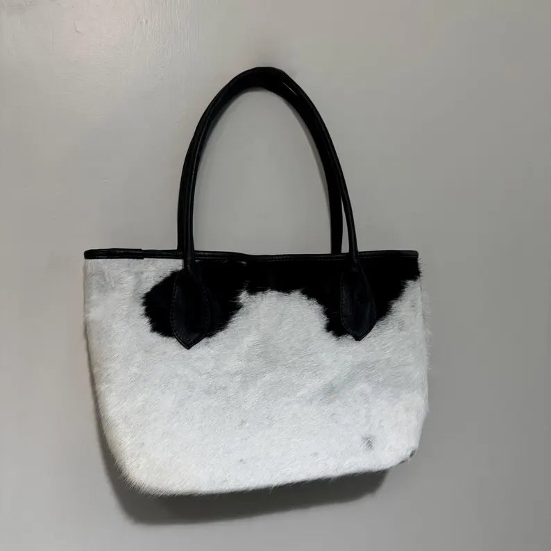 Handmade Genuine Cowhide Tote Bag – Black & White Real Leather Western Purse for Women, Hair-On Hide Shoulder Bag - See your bag before free shipping