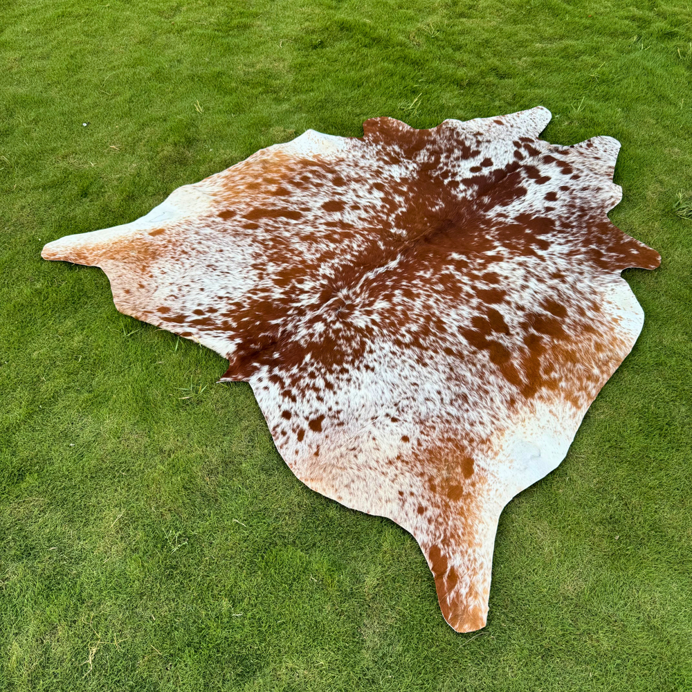 Genuine tricolor hair-on cowhide rug showing real natural markings