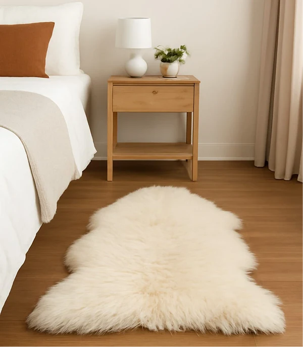 A fluffy off-white sheepskin-style area rug on a light wood floor in a bedroom setting, with a bed, wooden nightstand, lamp, and curtain visible.