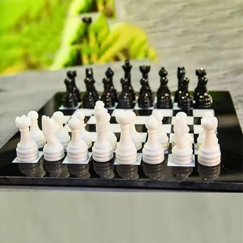 Black & White Stone Chess Set with Pieces - Cowhide Kingdom