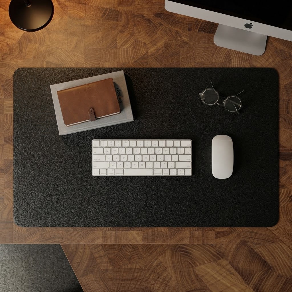 A large black desk mat with a textured surface is laid out on a wooden desk, styled with a white keyboard, white mouse, eyeglasses, and a notebook. An Apple iMac is partially visible in the background.