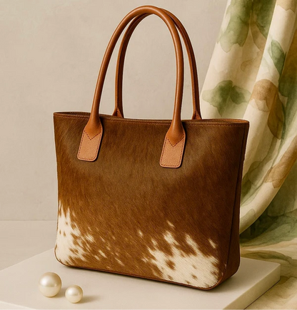A structured tote bag made of brown and cream cowhide with smooth tan leather handles and tab accents, displayed on a light surface with decorative pearls and a floral fabric backdrop.