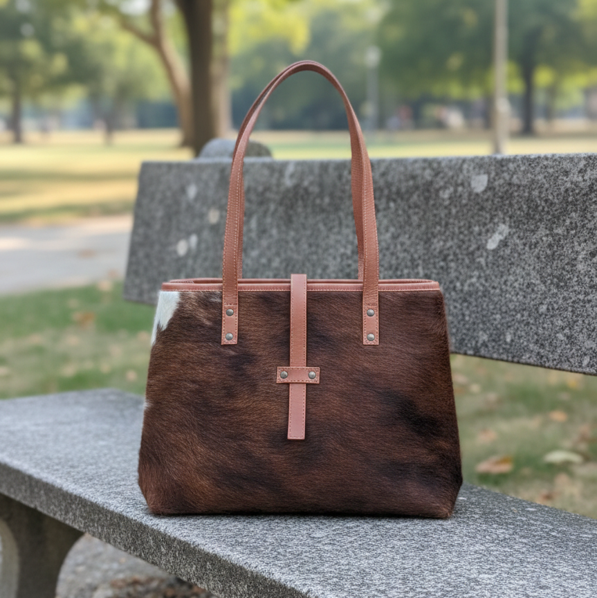Handmade Natural Cowhide Tote Bag Purse – Exact as picture + Free Shipping