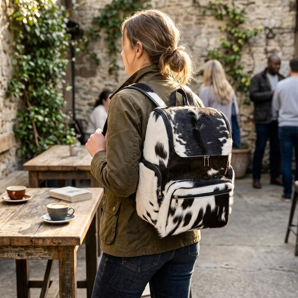 Boho cowhide leather backpack  carried on shoulder, size reference