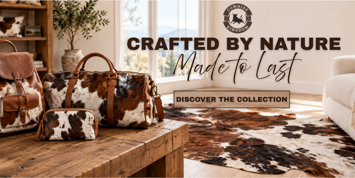 A set of cowhide-textured bags, including a backpack, duffel bag, and zippered pouch, displayed on a rustic wooden table in a styled living room. The scene features a cowhide rug on the floor, a window in the background, and text overlays reading 'CRAFTED BY NATURE Made to Last' and 'DISCOVER THE COLLECTION'.