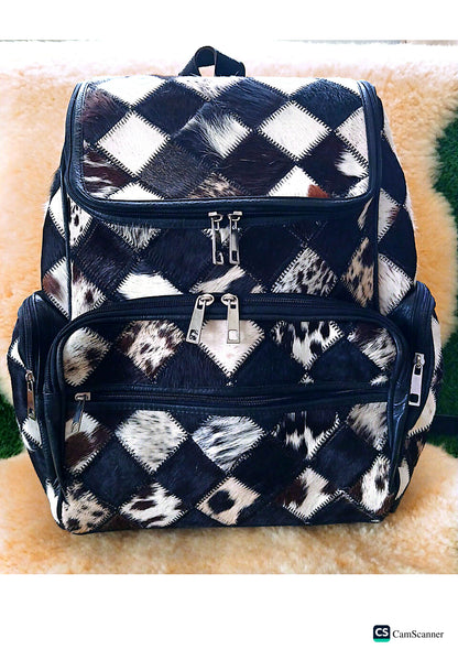 Black & White diamond patchwork Cowhide Backpack – Western Patchwork Travel Bag