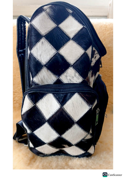 Black & White diamond patchwork Cowhide Backpack – Western Patchwork Travel Bag