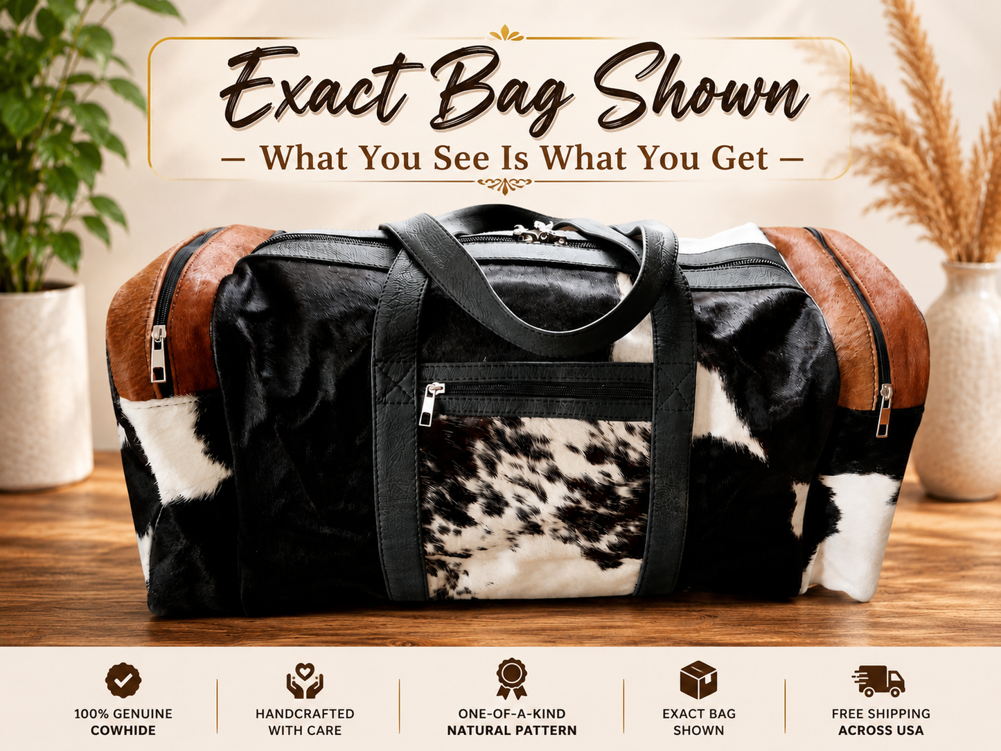 Large Cowhide Duffel Bag – Exact Bag Shown | Handmade Hair-On Hide Travel Bag | Free Shipping