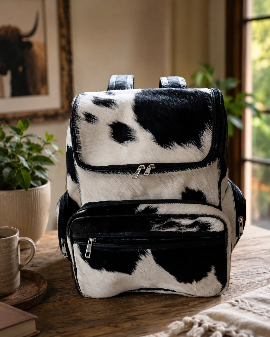 Black & White Hair-On Cowhide Backpack | Genuine Cowhide Leather Backpack | Handmade Western Bag | Unique Cow Print Backpack for Women