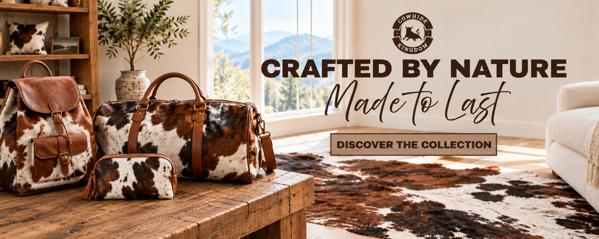 A collection of cowhide-patterned bags, including a backpack, a duffel bag, and a small pouch, displayed on a rustic wooden table in a styled room. The background features a large window looking out onto a mountain landscape, a white sofa, and a cowhide rug.
