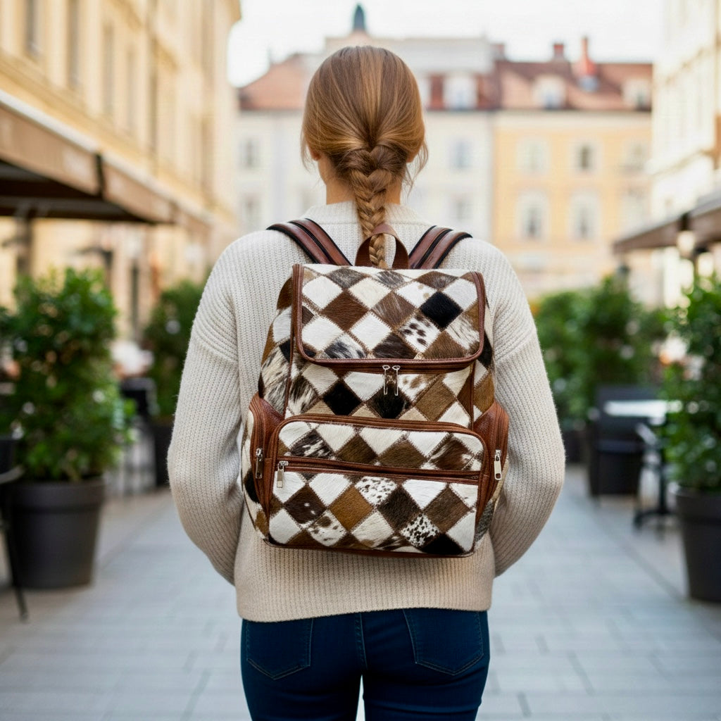 Person wearing a patterned backpack in an urban setting