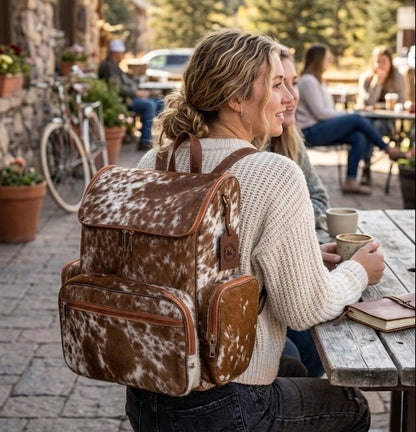 Woman with a cowhide backpack sitting at an outdoor table.
