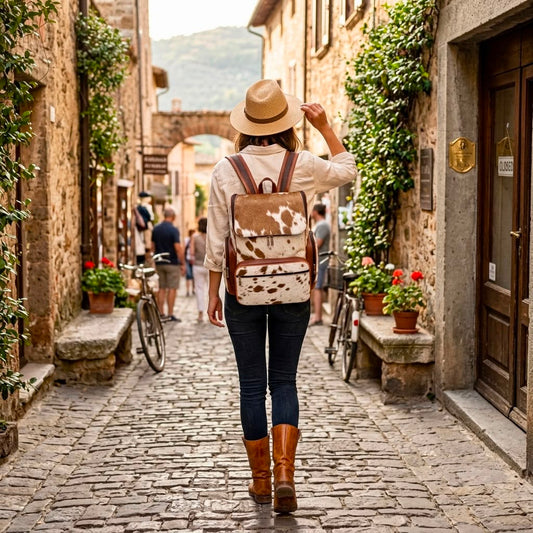 Cowhide backpack carried on shoulder, size reference