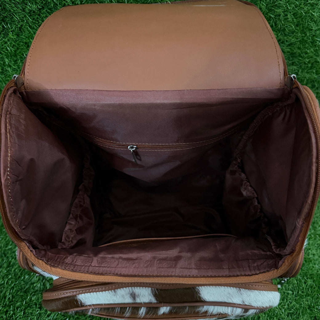 Cowhide backpack front zipper detail and hardware