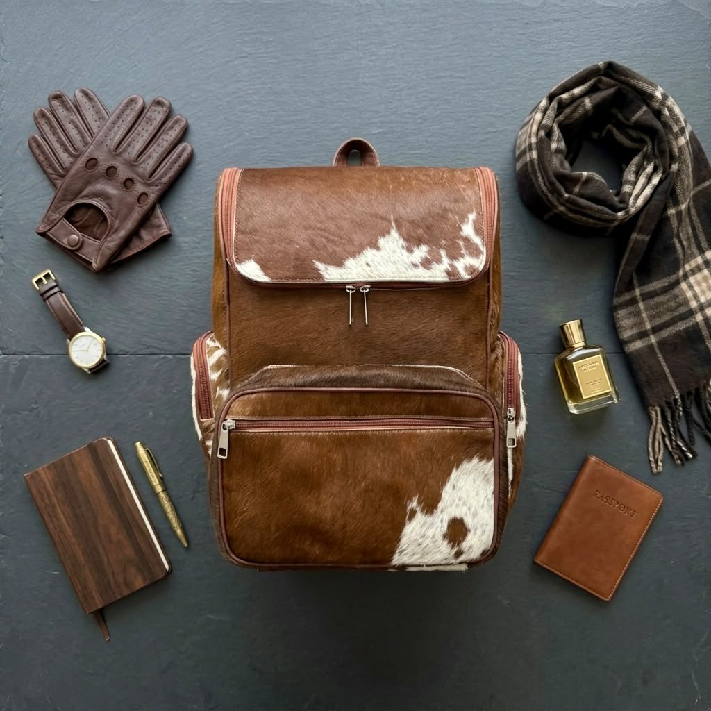 Cowhide backpack packed with laptop, water bottle, and travel essentials