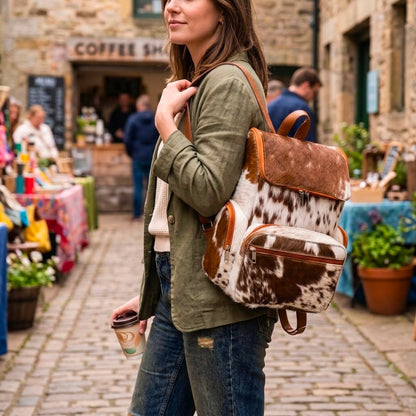 Cowhide diaper backpack carried on shoulder by womem