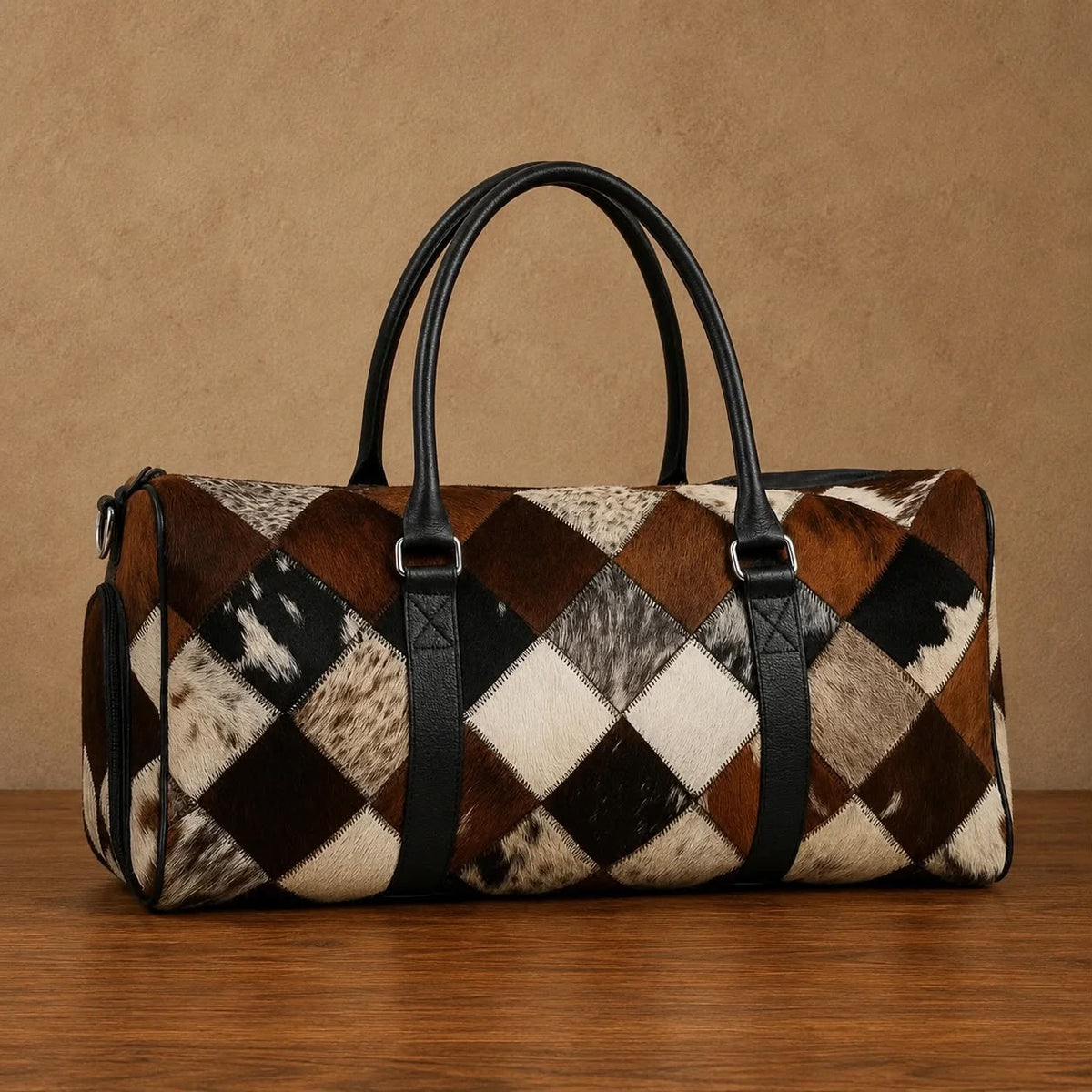 Cowhide duffel bag interior showing spacious main compartment