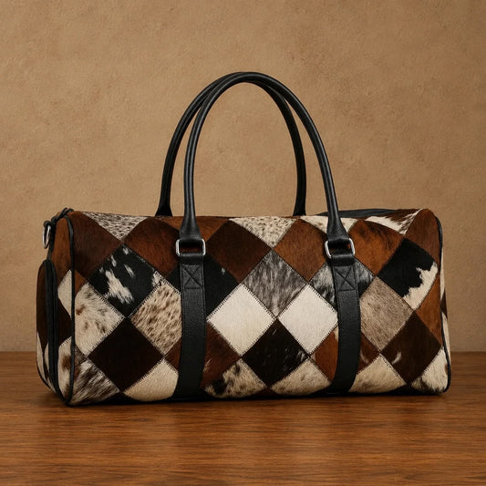 Cowhide duffel bag interior showing spacious main compartment