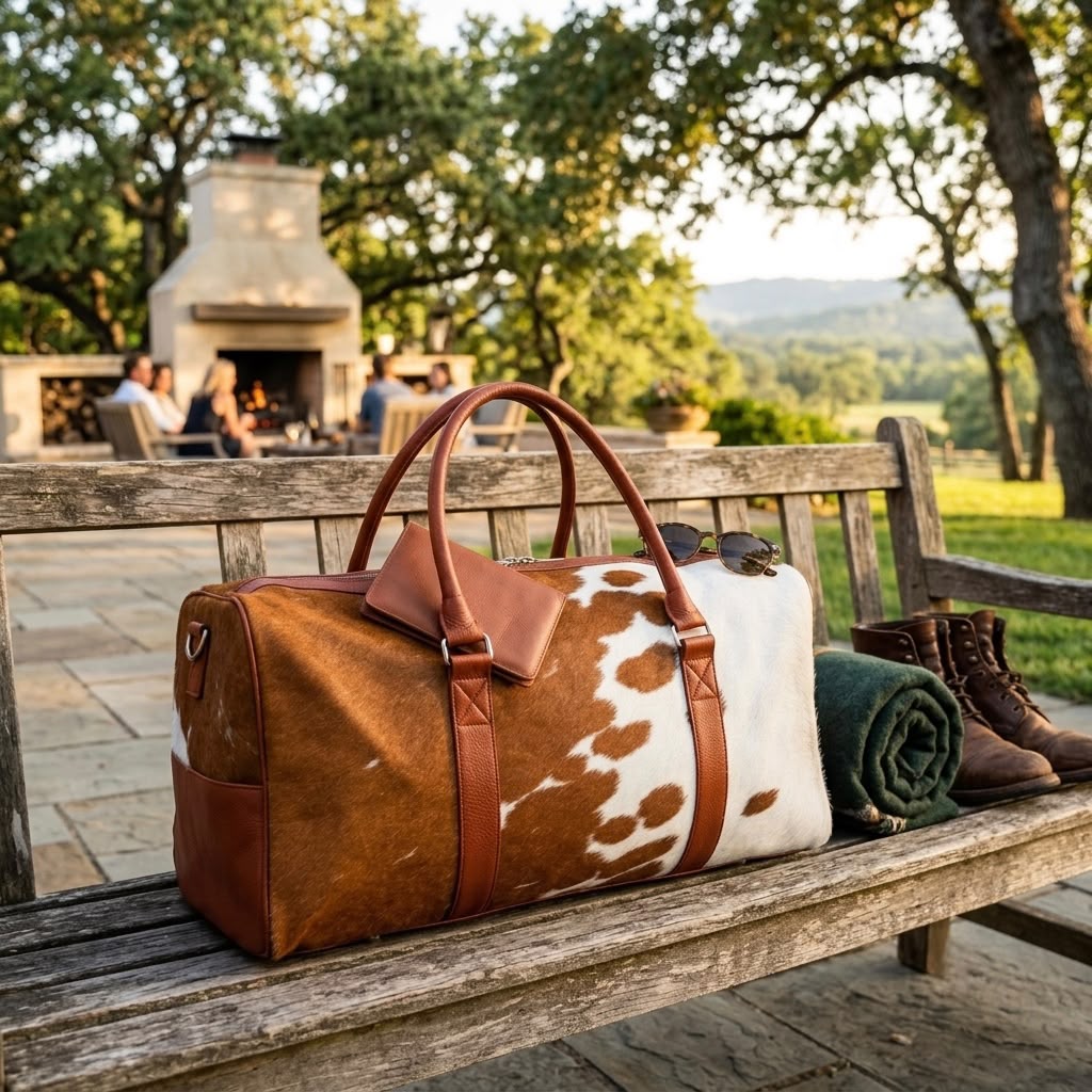 Cowhide duffel bag metal hardware and zipper detail