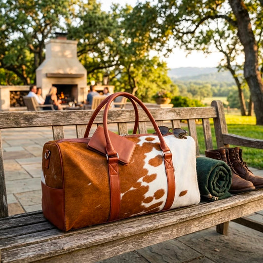 Cowhide duffel bag metal hardware and zipper detail