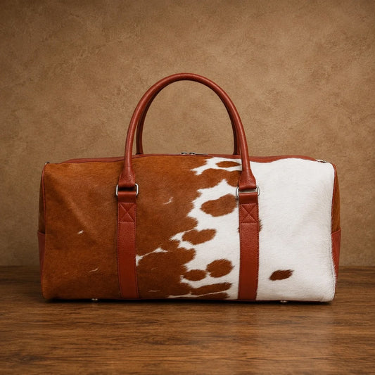 Cowhide duffel bag side view showing reinforced base