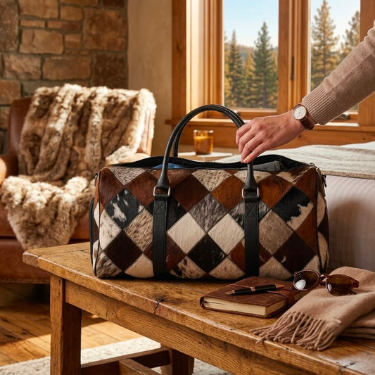 Cowhide leather duffel bag with adjustable shoulder strap