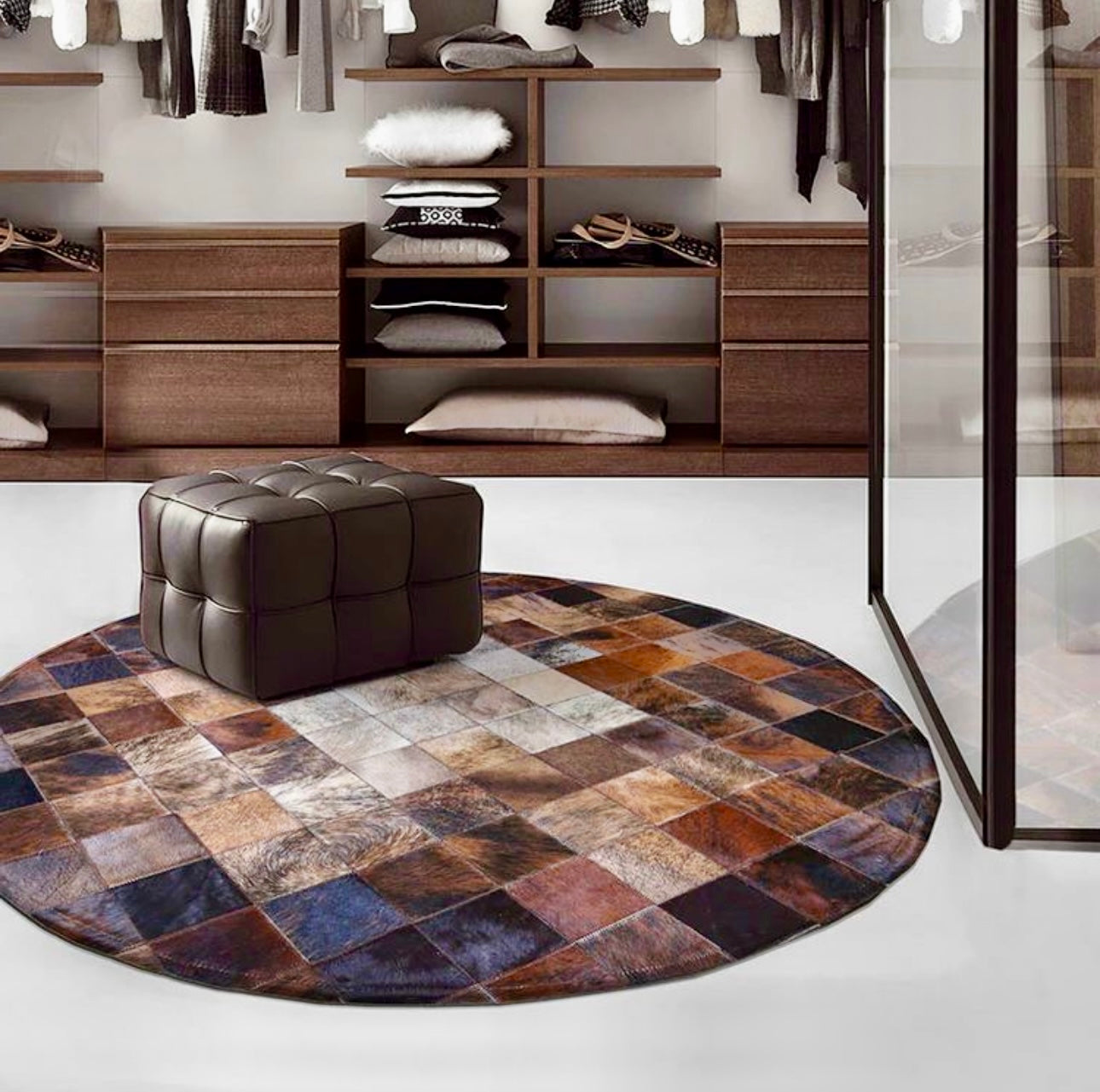 Handmade hair-on cowhide patchwork rug showing dense, even hair coverage