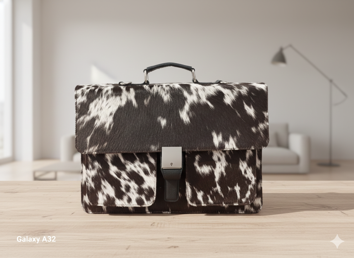 SAME AS PICTURE | Handmade Cowhide Laptop Bag – Black & White Genuine Hair-On Hide Tote | Real Cowhide Work Bag | Leather Laptop Tote for Women & Men | Unique Gift