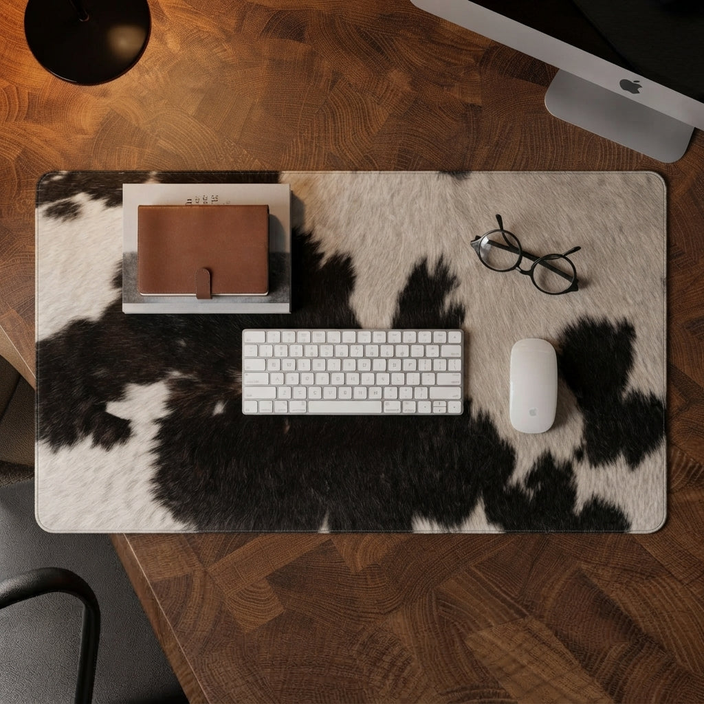 A large rectangular desk mat with a black and white cowhide pattern, laid out on a wooden desk. The mat is styled with a brown leather wallet, a white keyboard, a white mouse, and a pair of black-rimmed glasses.
