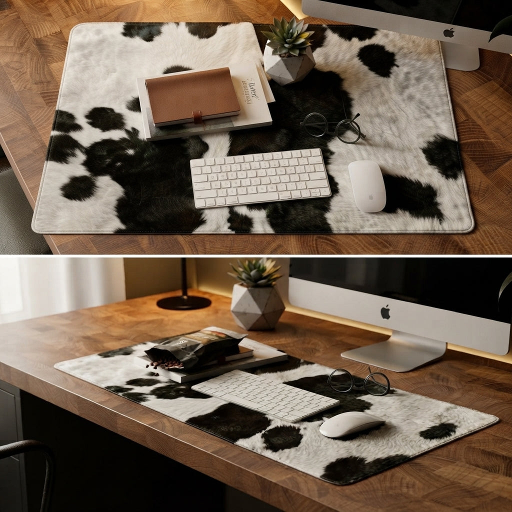 A large rectangular desk mat with a black and white cow-print pattern is shown in two views on a wooden desk. The top view is a close-up of the mat with a keyboard, mouse, wallet, and small plant on it.