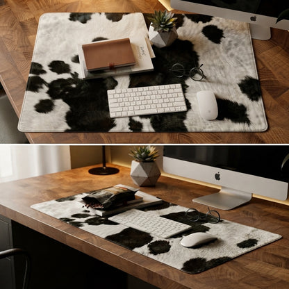 A large rectangular desk mat with a black and white cow-print pattern is shown in two views on a wooden desk. The top view is a close-up of the mat with a keyboard, mouse, wallet, and small plant on it.