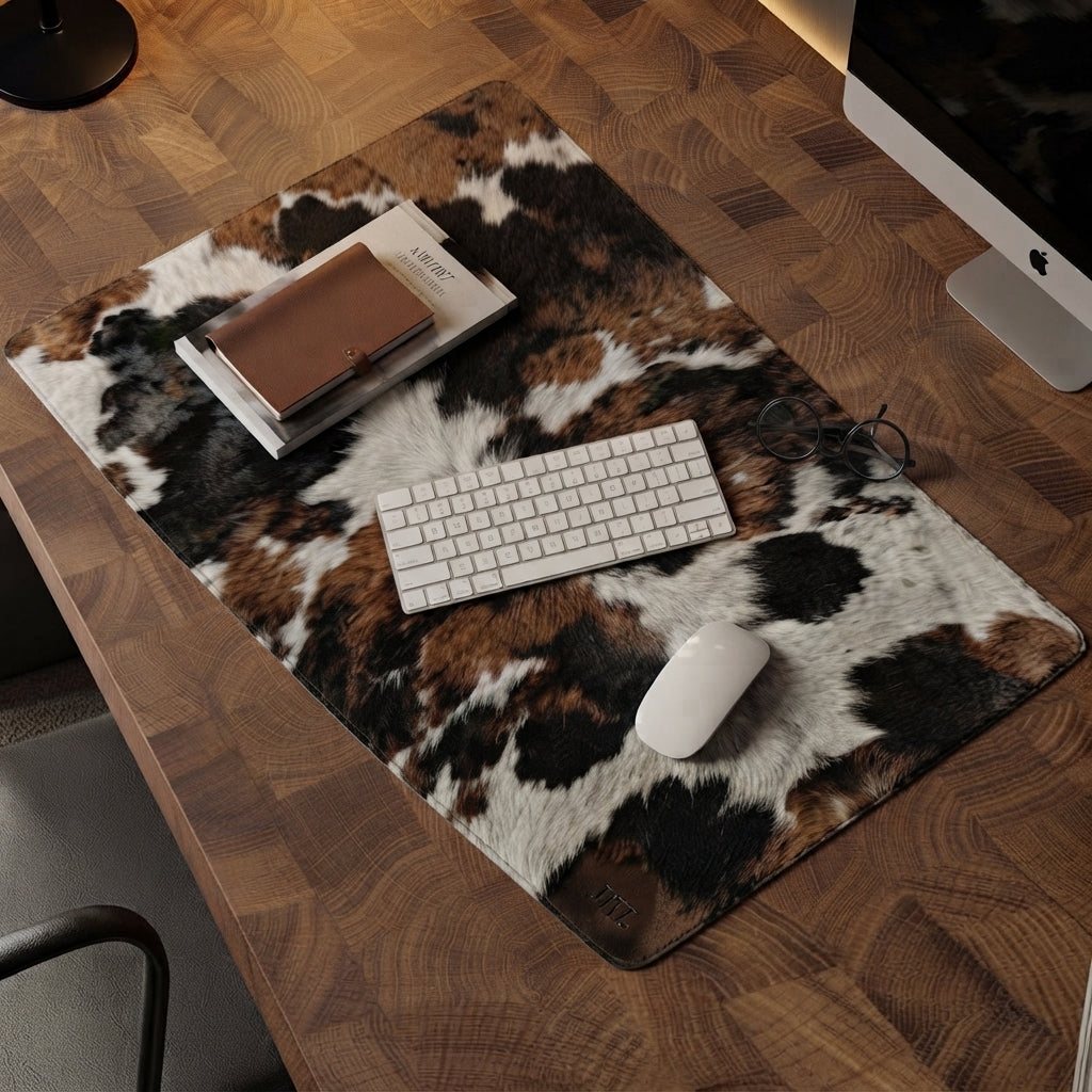 A large rectangular desk mat with a brown, black, and white cowhide pattern, styled on a wooden desk with a keyboard, mouse, books, and a computer monitor.