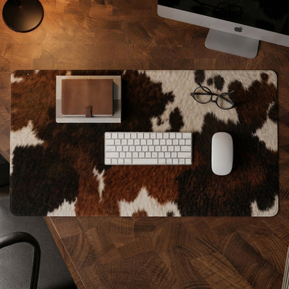 A large desk mat with a brown, black, and white cowhide pattern is laid out on a wooden desk. On the mat are a white wireless keyboard, a white mouse, a brown leather folio, and a pair of black eyeglasses.