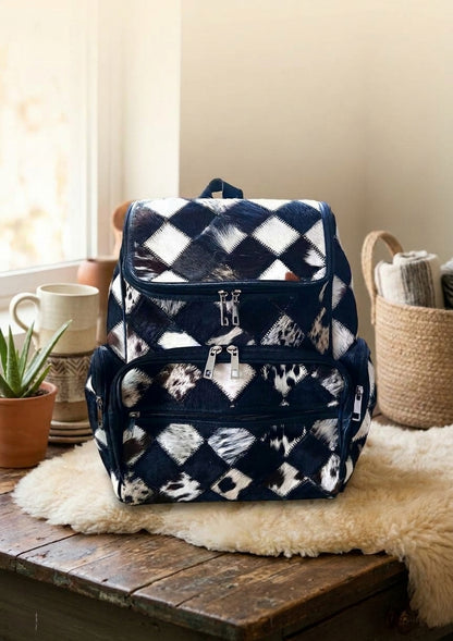 Black & White diamond patchwork Cowhide Backpack – Western Patchwork Travel Bag
