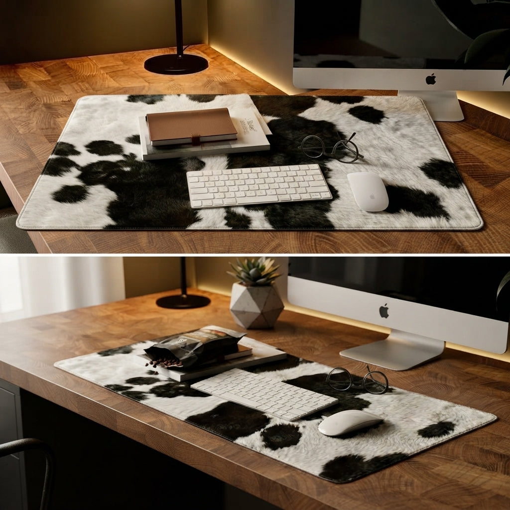 A large rectangular desk mat with a black and white cow-print faux fur texture is shown on a wooden desk in a home office setting, styled with a keyboard, mouse, notebook, and glasses.