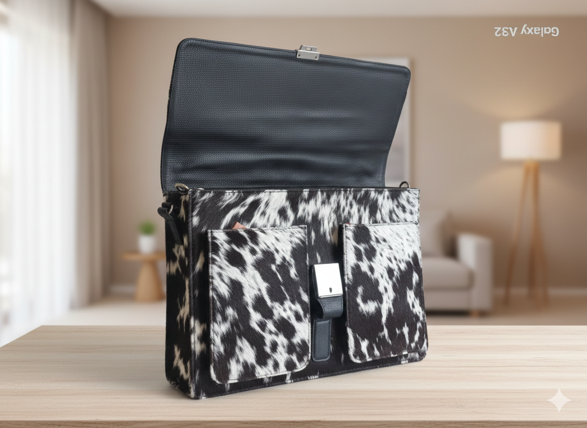 SAME AS PICTURE | Handmade Cowhide Laptop Bag – Black & White Genuine Hair-On Hide Tote | Real Cowhide Work Bag | Leather Laptop Tote for Women & Men | Unique Gift