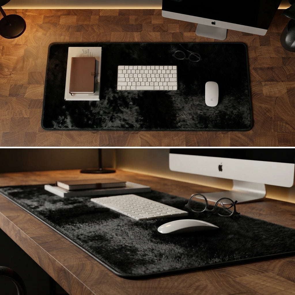 A large black desk mat with a shaggy texture is shown in a two-panel top-down view on a wooden desk. The mat is styled with a keyboard, mouse, glasses, books, and an Apple iMac.