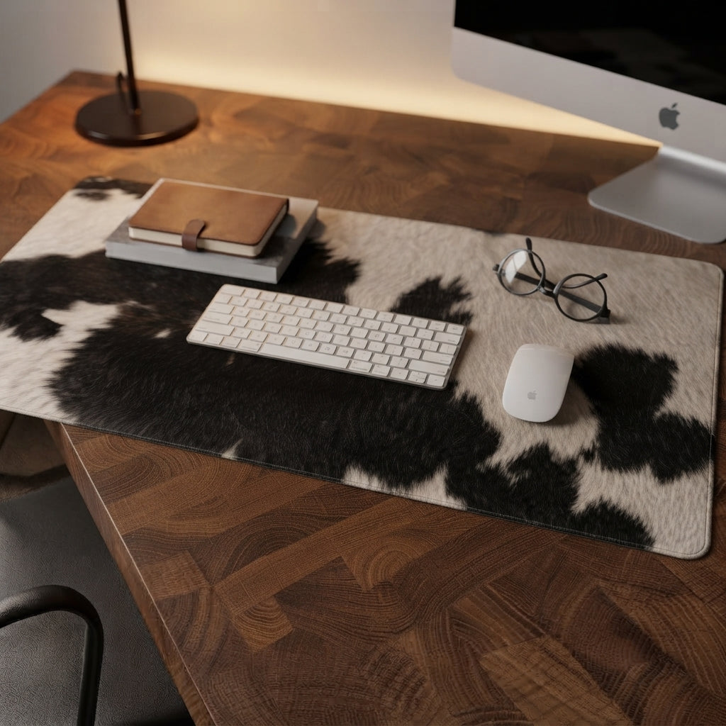 A large cowhide-print desk mat on a wooden desk, styled with a keyboard, mouse, glasses, and a notebook. An Apple iMac is partially visible in the background.