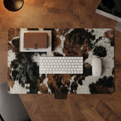 A cowhide-patterned desk mat with a brown leather trim and a small embossed logo, styled on a wooden desk with a keyboard, mouse, glasses, and a brown leather notebook.