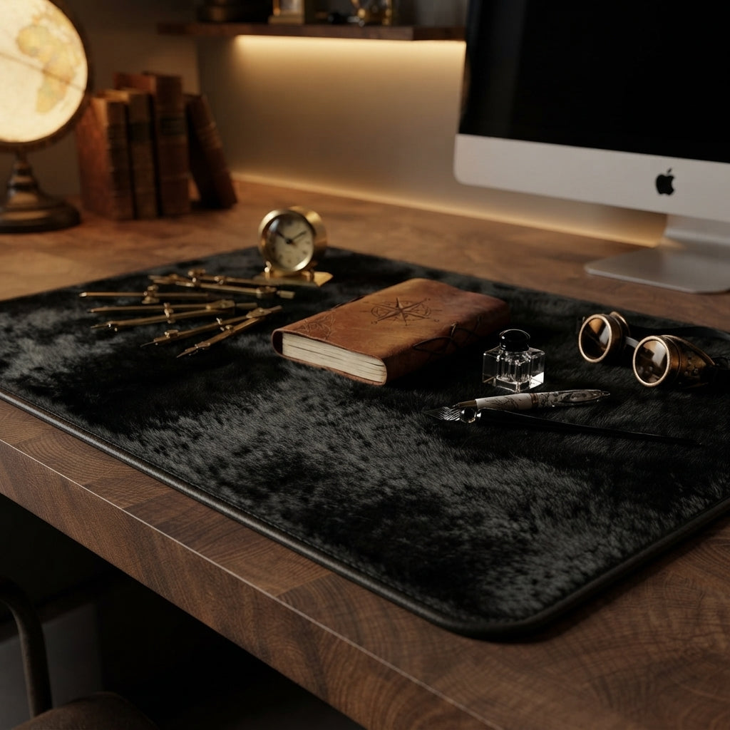 A black plush desk mat with a stitched border, styled on a wooden desk with a brown leather journal, brass compasses, a small clock, and eyeglasses. In the background, an Apple iMac and a globe are visible in a warmly lit home office setting.