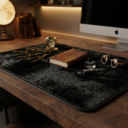 A black plush desk mat with a stitched border, styled on a wooden desk with a brown leather journal, brass compasses, a small clock, and eyeglasses. In the background, an Apple iMac and a globe are visible in a warmly lit home office setting.